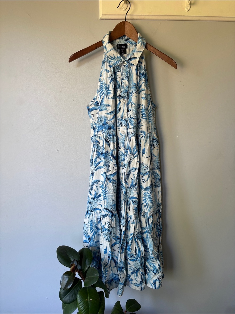Nicole Miller Blue Tropical Midi Dress Medium Sleeveless Cotton Cottagecore